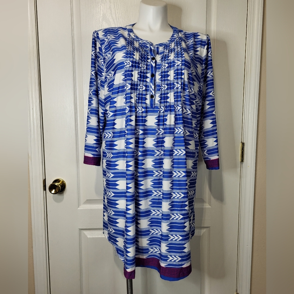 Ice Silk Blue Crew Neck Top Tunic